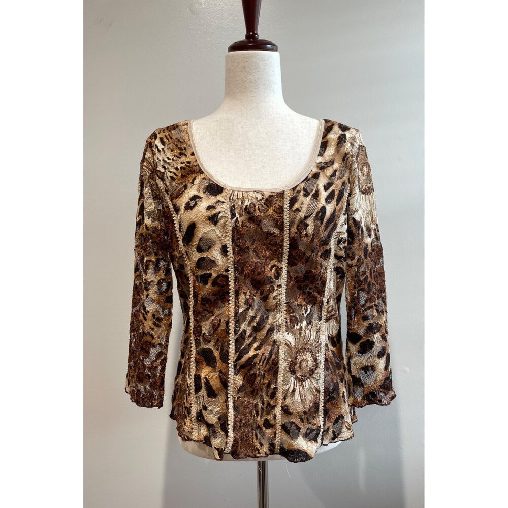 Vtg Y2K Serenade New York Lace Blouse Womens L Brown Sunflower Leopard Print - Picture 1 of 8